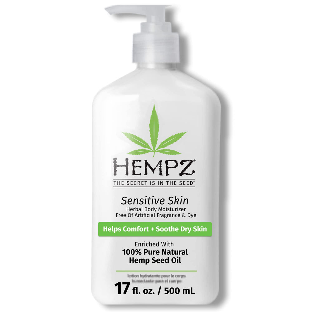 Hempz Sensitive Skin Moisturizer bottle showing fragrance-free hydration for sensitive skin