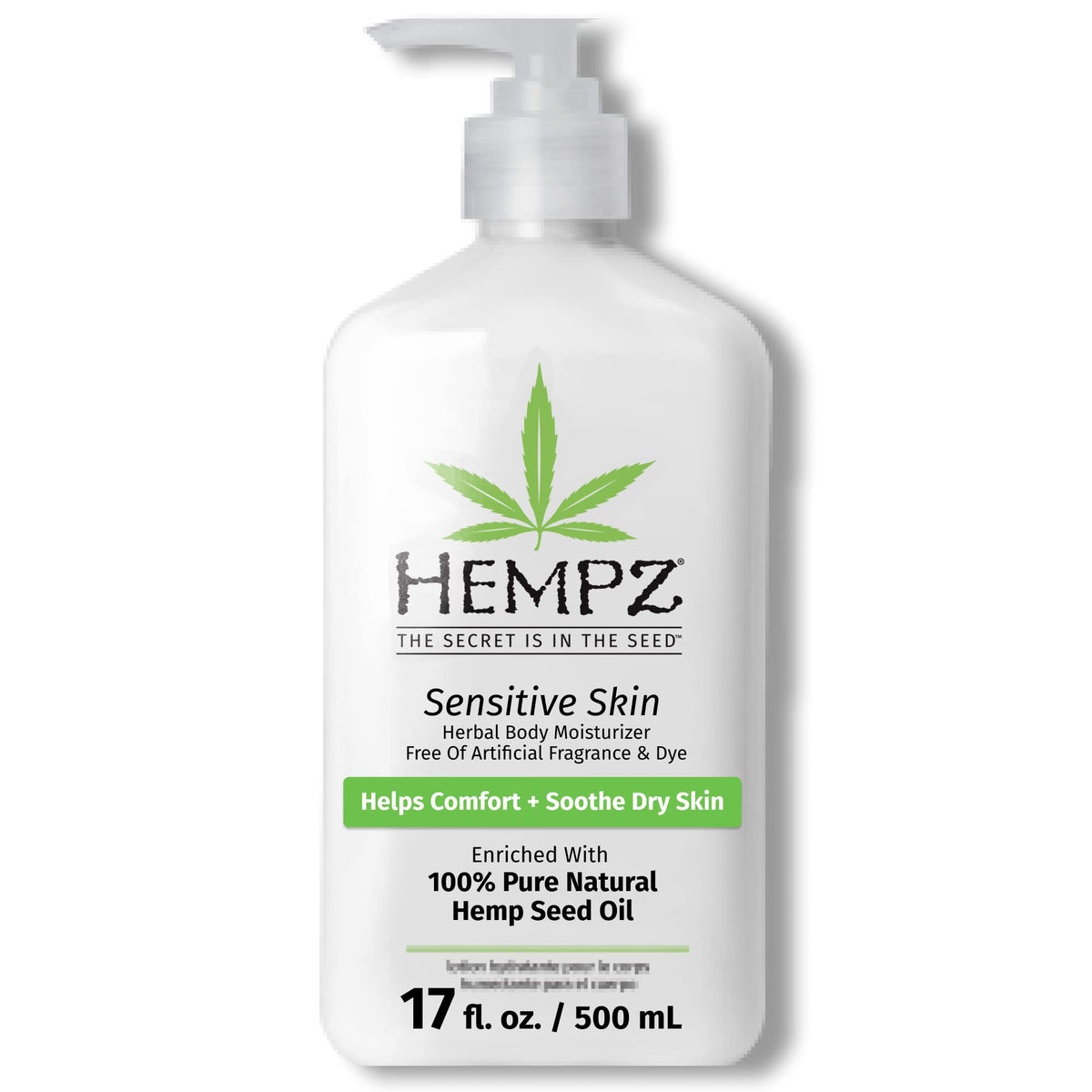 Hempz Sensitive Skin Moisturizer bottle showing fragrance-free hydration for sensitive skin