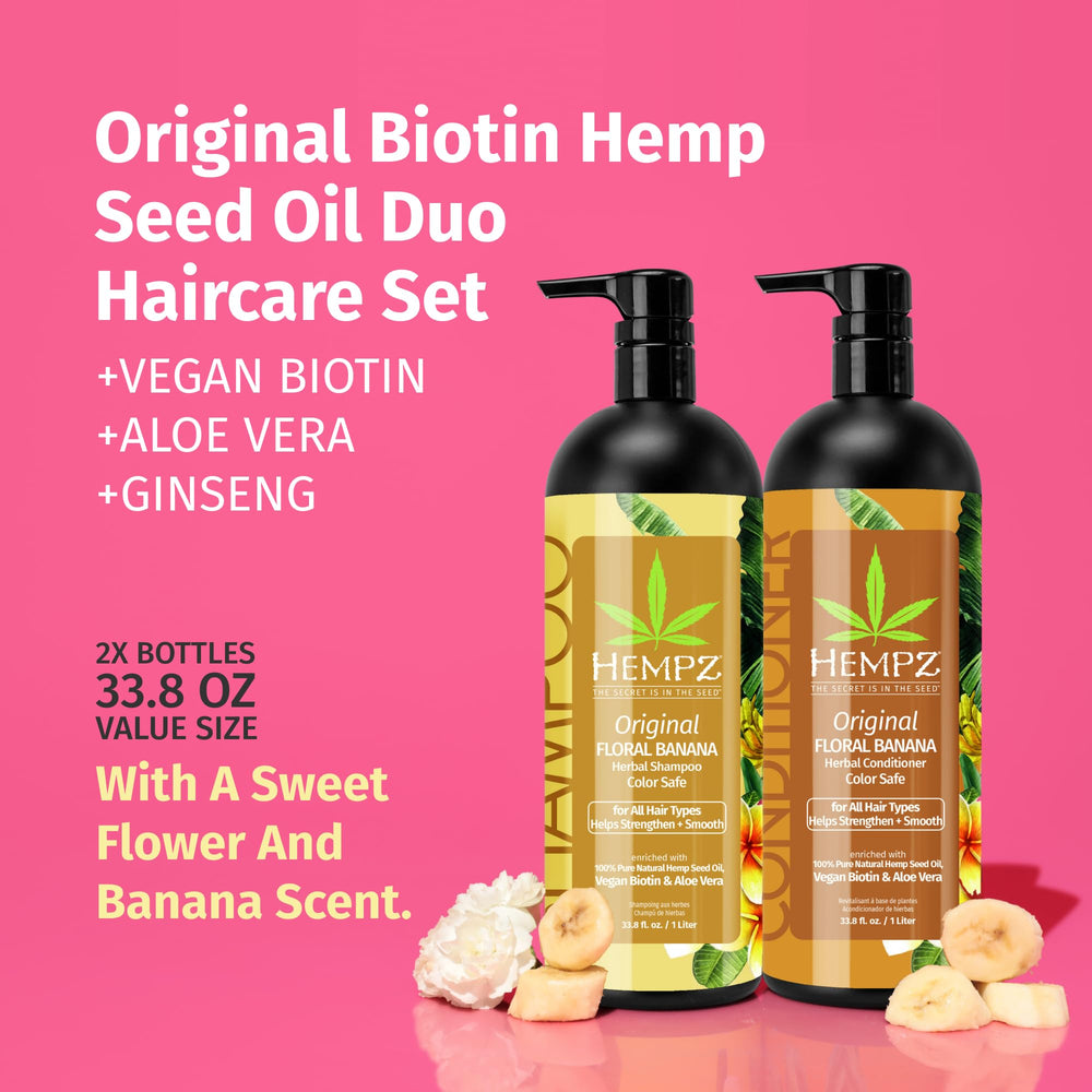 Hempz shampoo label close-up highlights floral banana scent and vegan formulation.