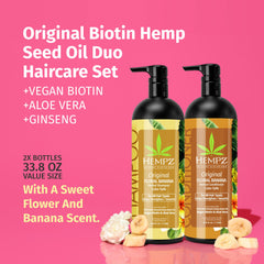 Hempz shampoo label close-up highlights floral banana scent and vegan formulation.