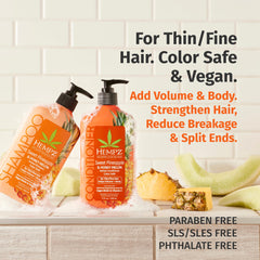 Hempz shampoo label close up highlighting fragrance and vegan cruelty free formula.