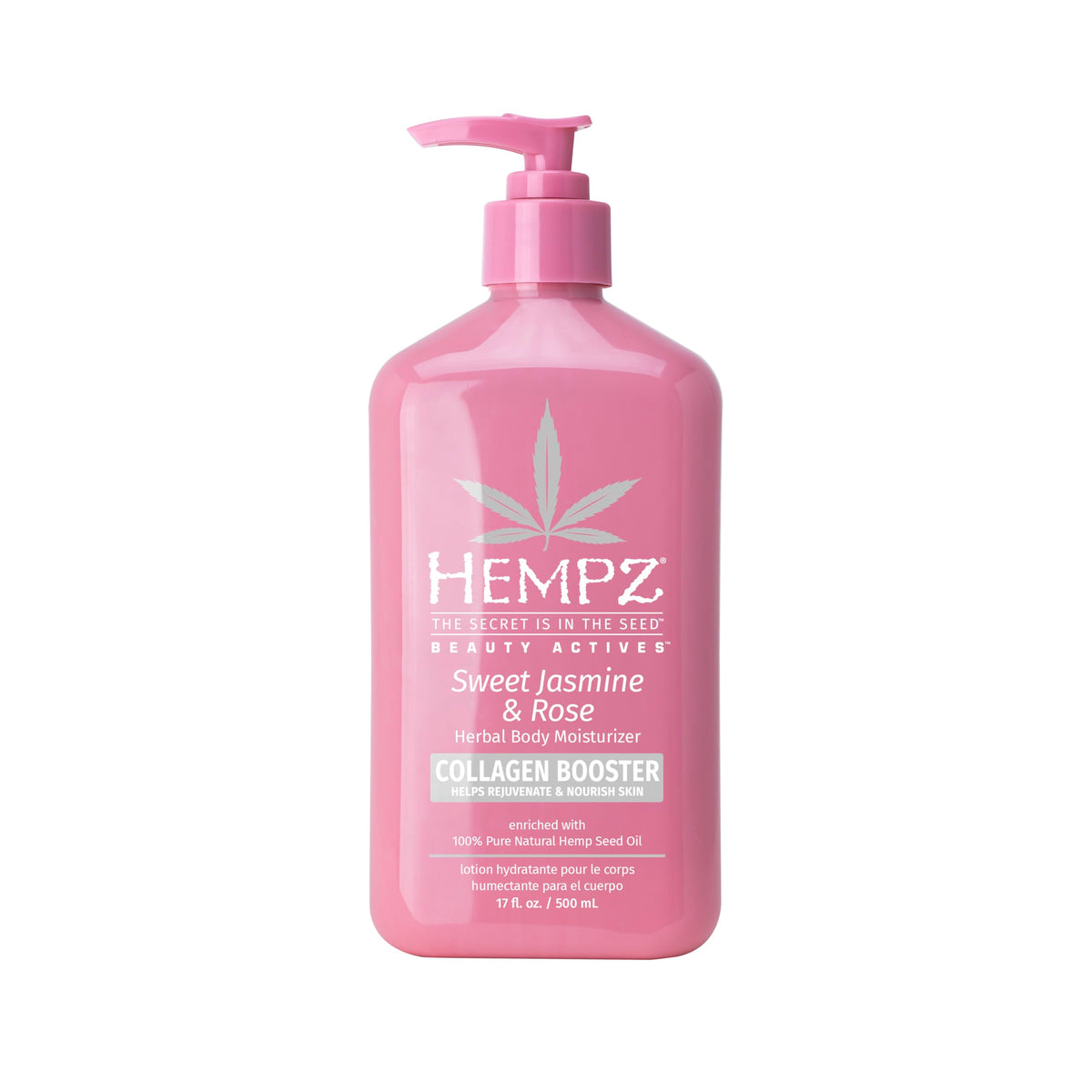 Hempz Sweet Jasmine & Rose body lotion bottle showing hydrating formula for dry skin
