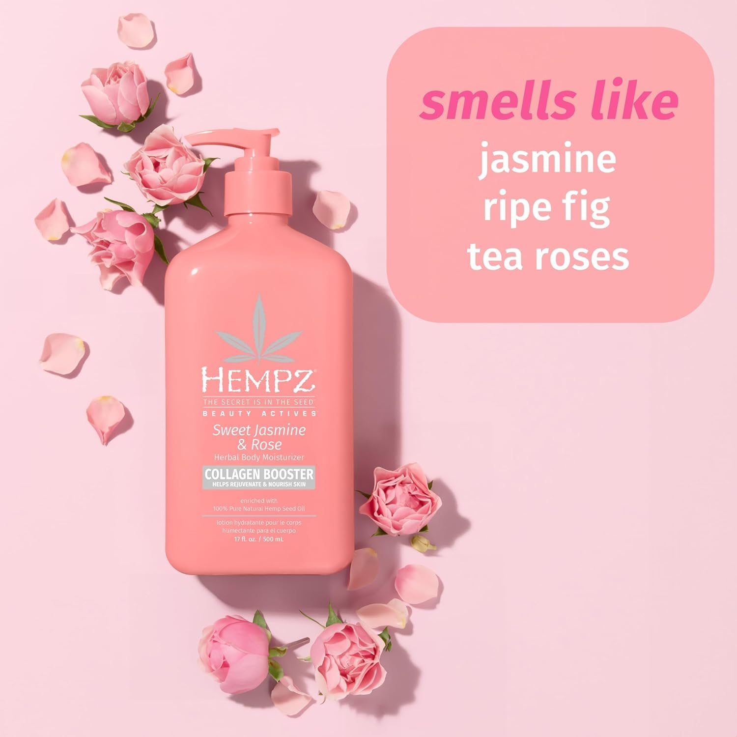Hempz Sweet Jasmine & Rose ingredients panel highlights hemp seed oil benefits