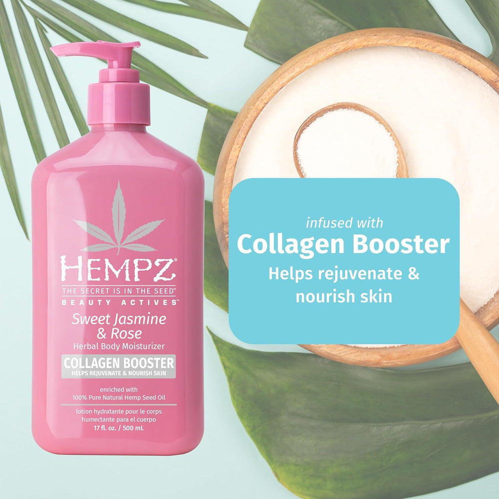 Hempz Sweet Jasmine & Rose lotion texture swatch shows creamy, fast-absorbing cream