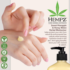 Hempz Sweet Pineapple & Honey Melon lotion bottle pour demonstrates easy application and mess-free dosage