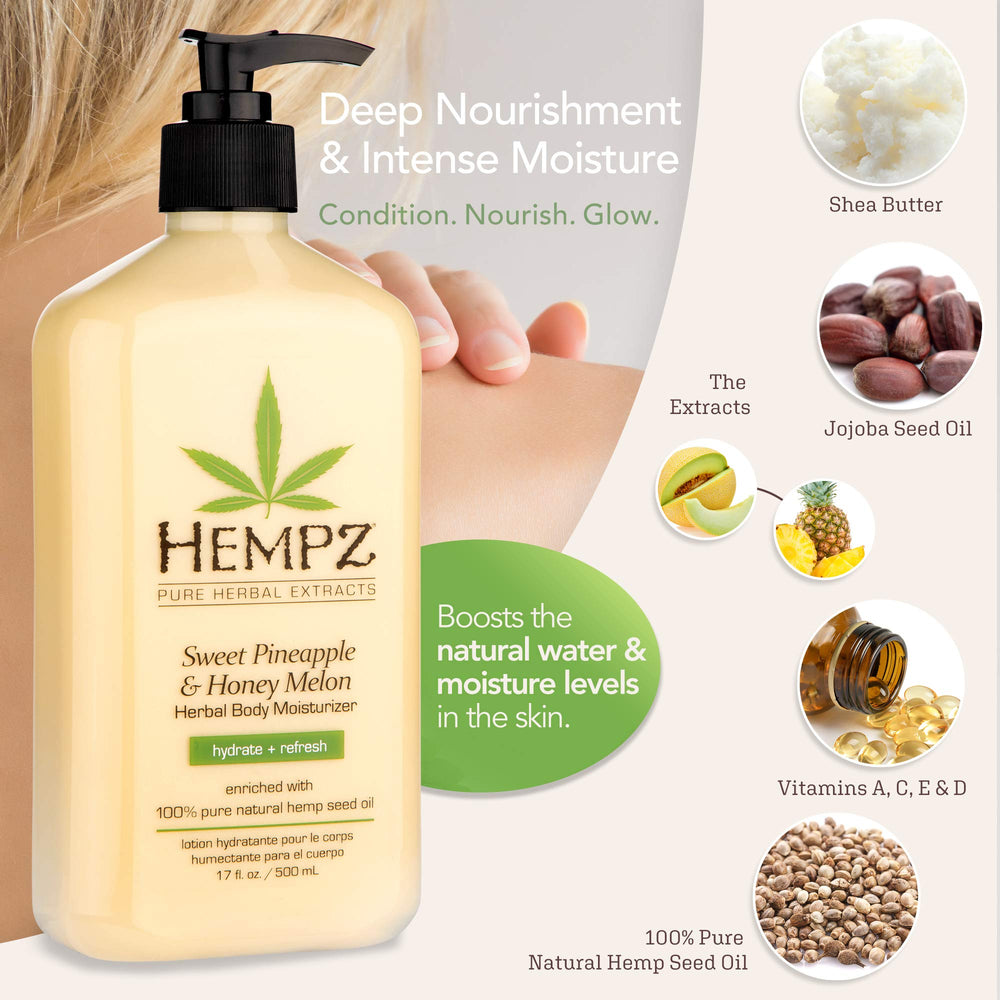 Hempz Sweet Pineapple & Honey Melon lotion cream texture highlights rich, fast-absorbing moisture for smooth skin