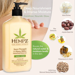 Hempz Sweet Pineapple & Honey Melon lotion cream texture highlights rich, fast-absorbing moisture for smooth skin