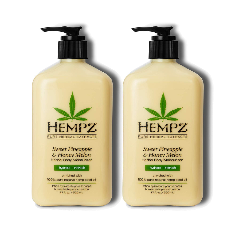 Hempz Sweet Pineapple & Honey Melon lotion packshot emphasizes two 17 oz bottles for daily moisturization