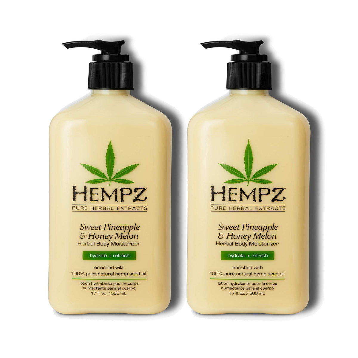 Hempz Sweet Pineapple & Honey Melon lotion packshot emphasizes two 17 oz bottles for daily moisturization