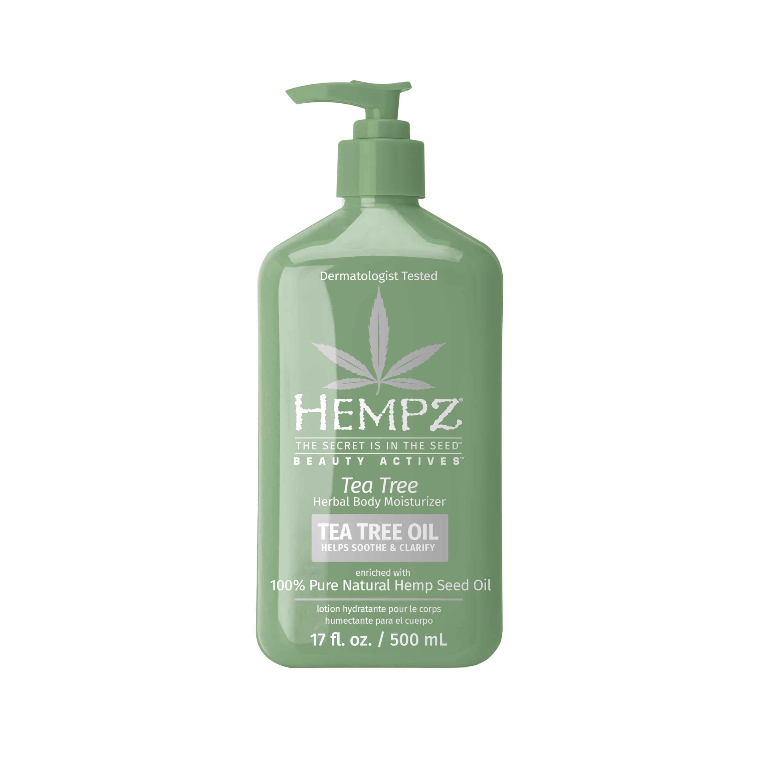 Hempz Tea Tree Herbal Body Moisturizer 17oz tub front view promotes soft, refreshed skin.
