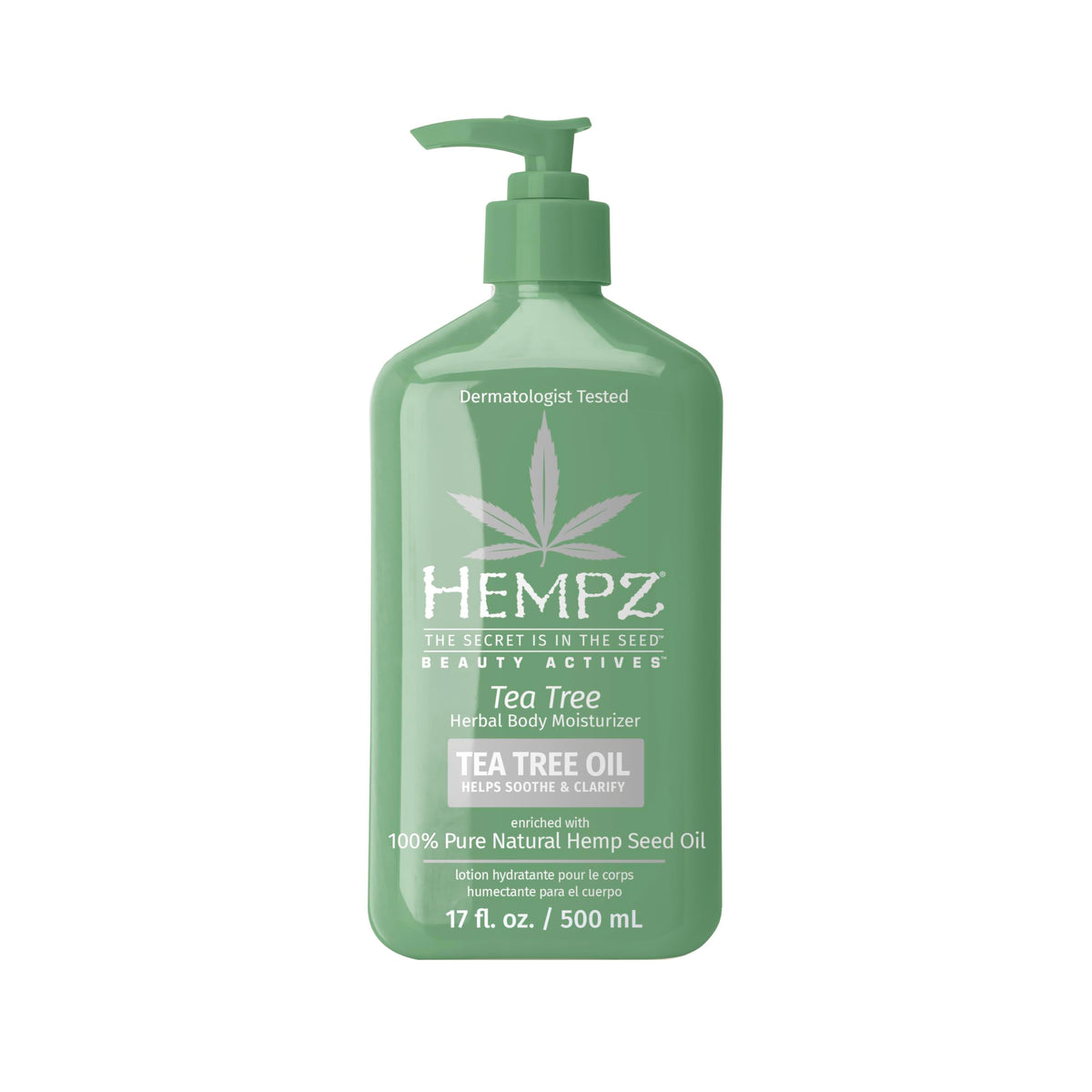 Hempz Tea Tree Herbal Body Moisturizer 17oz tub front view promotes soft, refreshed skin.