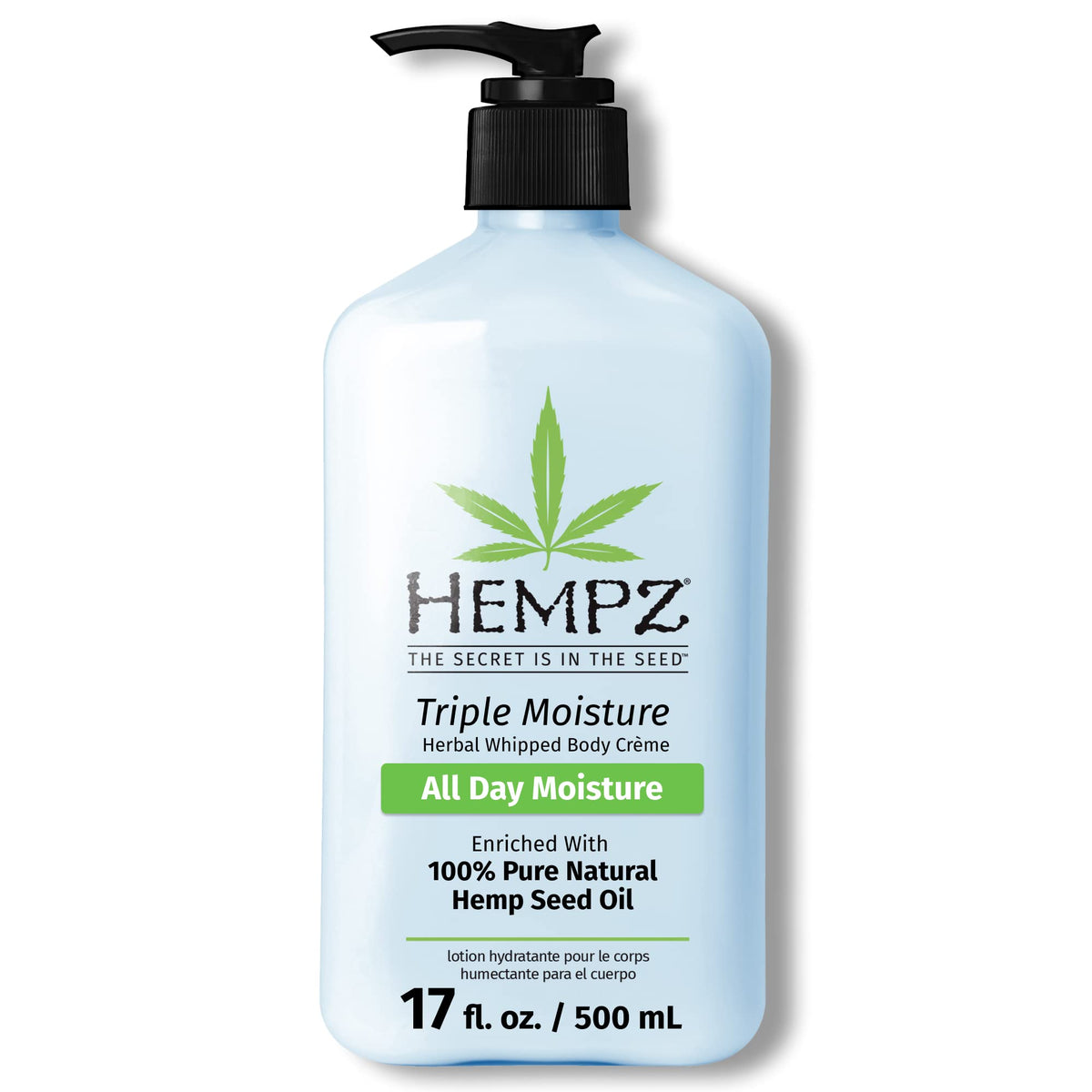 HEMPZ Triple Moisture bottle-lotion shows pump applicator for daily hydration benefits