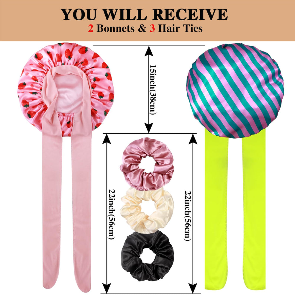 Heniho 2+3 large satin bonnets on head showing secure tie stay.