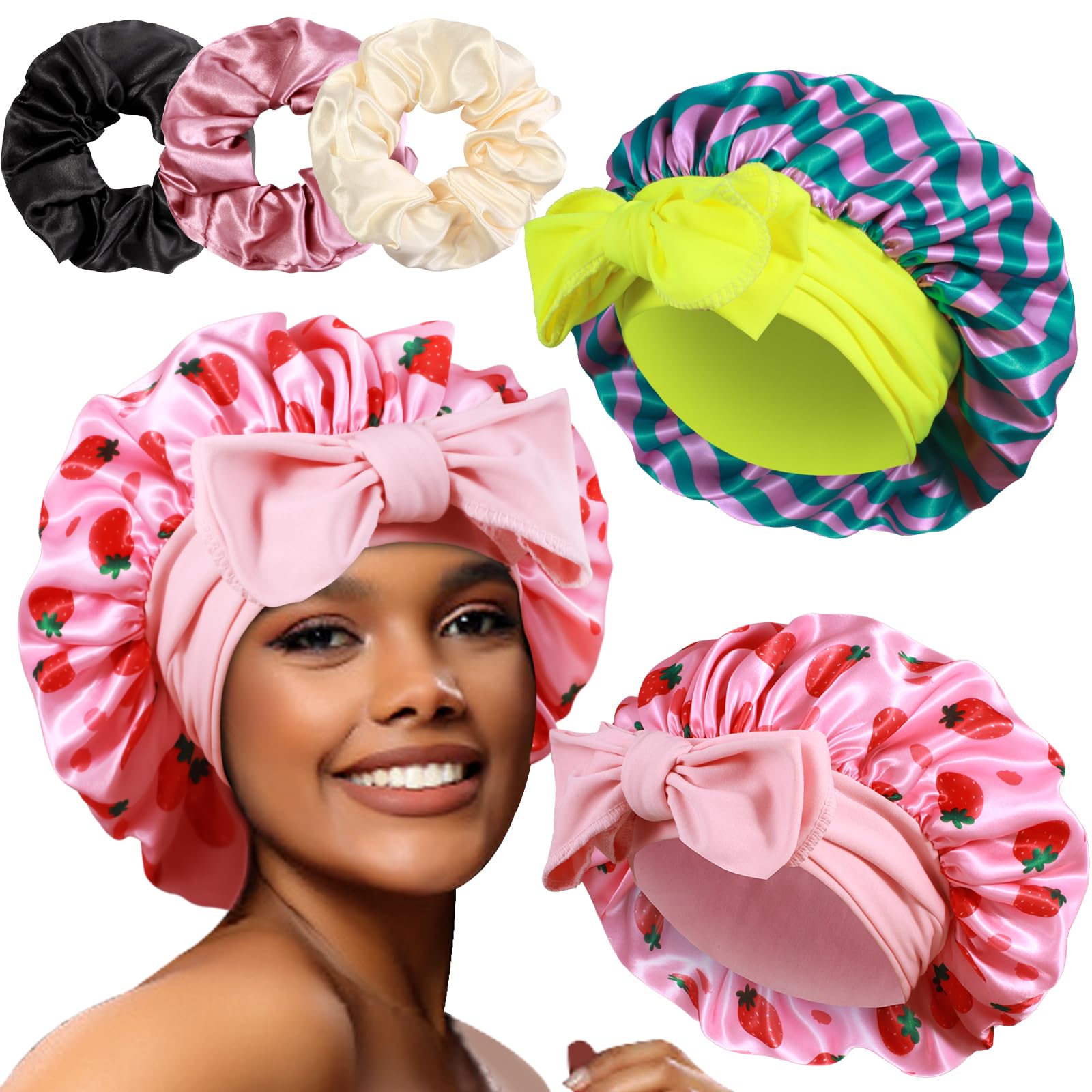 Heniho 2+3 large satin bonnets packaged, ready to protect hair overnight.