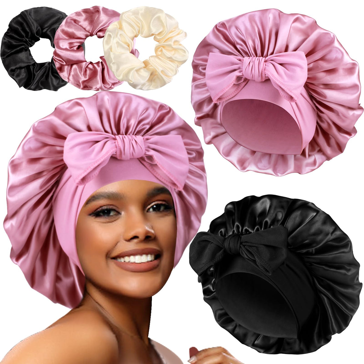 Heniho 2plus3 satin bonnets pink set with secure ties for overnight protection