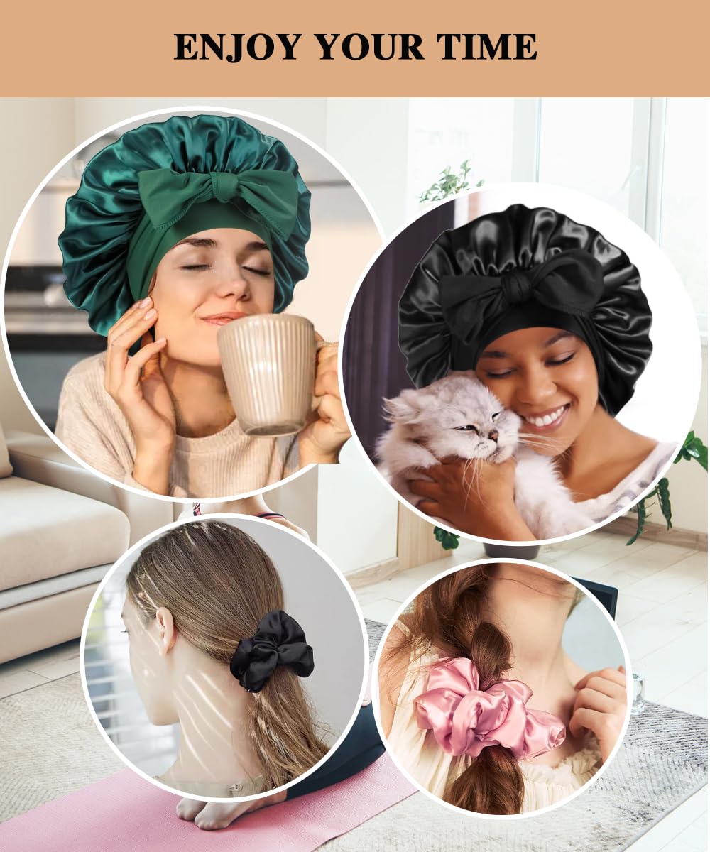Heniho satin scrunchies showcase gentle stretch and hold.
