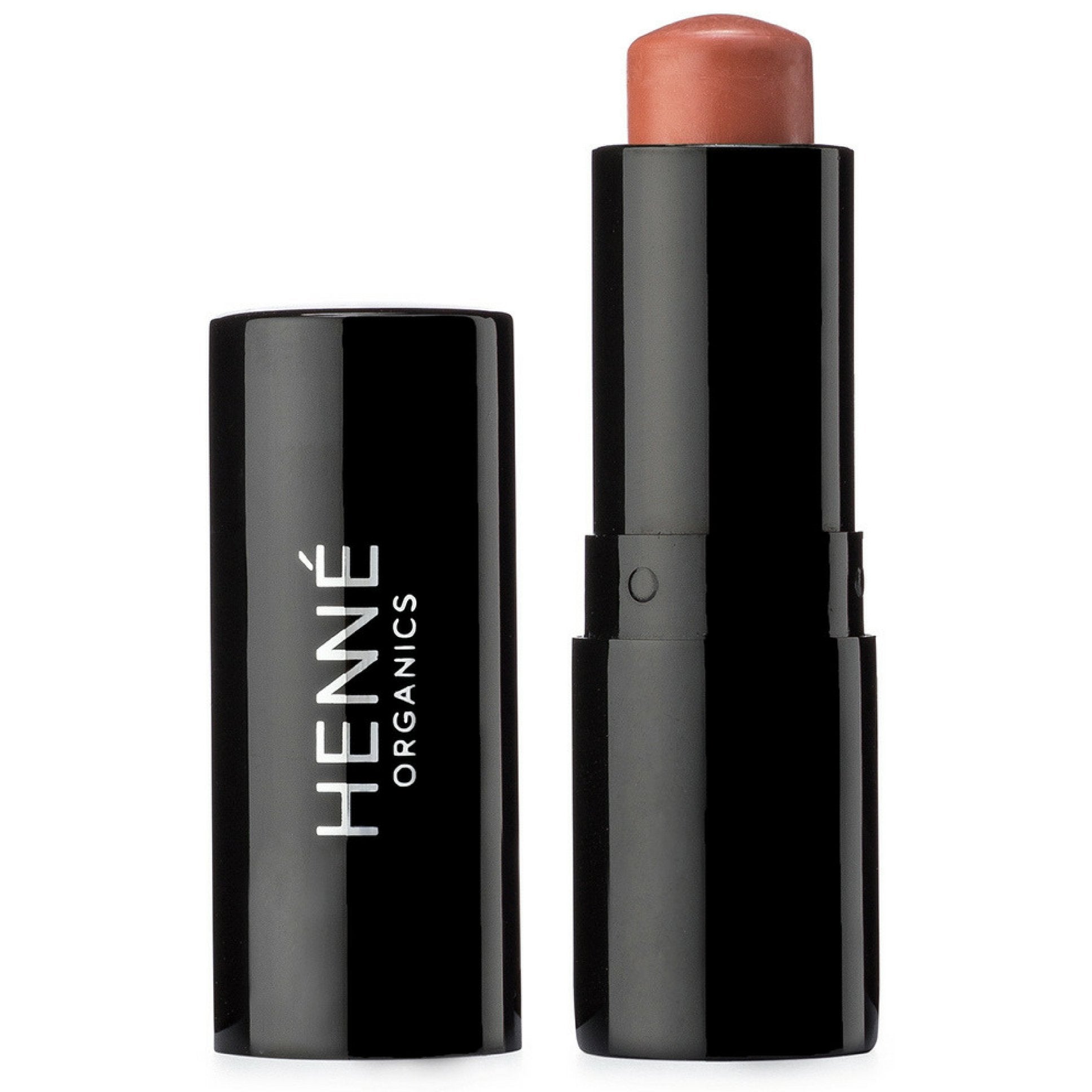Henné Organics lip tint Bare Pink Nude bottle delivers soft, moisturizing color.