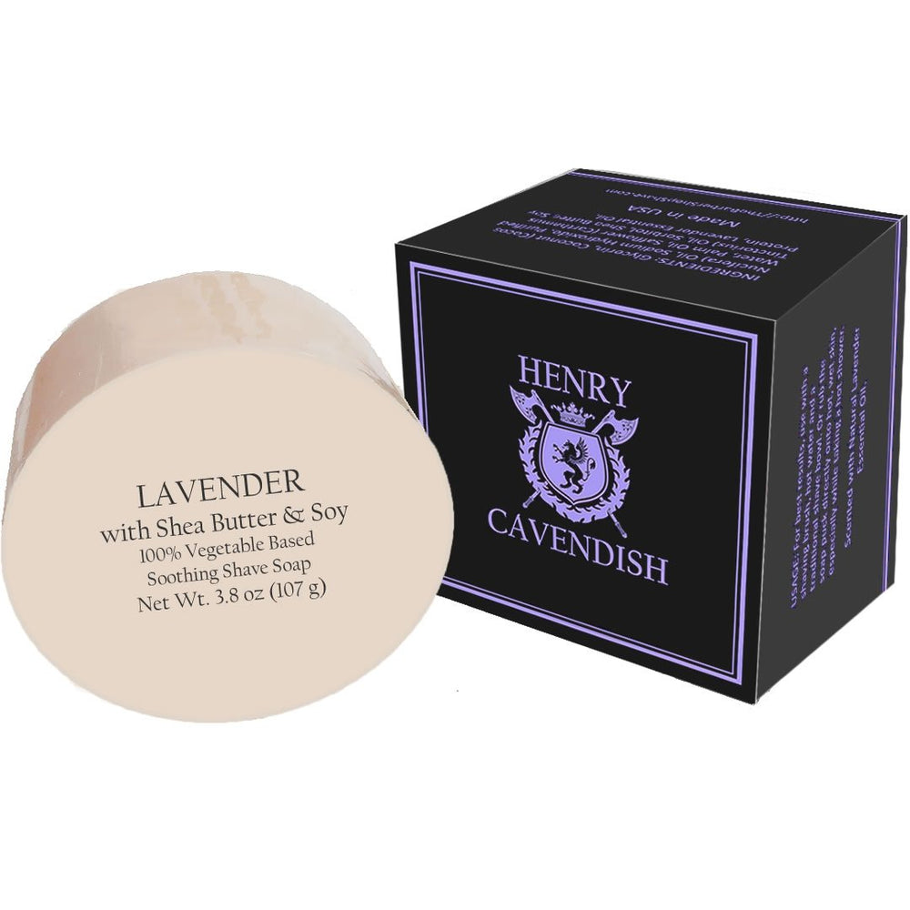 Henry Cavendish Lavender Shaving Soap puck with rich lather and moisturizing shea butter