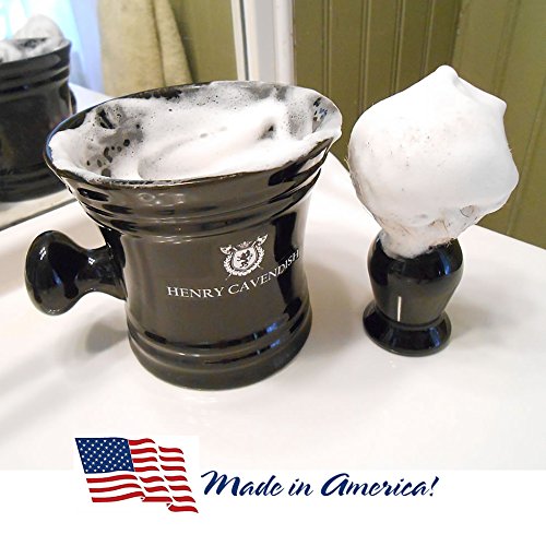 Henry Cavendish shaving brush with lather bowl demonstrates creamy lather for lubrication.