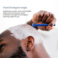 Henson Shaving Razor 30-degree angle close-up for precise, comfortable shave.