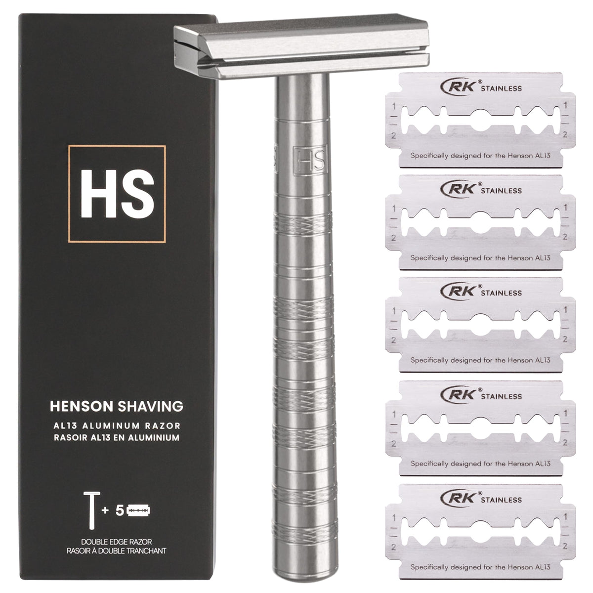Henson Shaving Razor aluminum handle and head for balanced shaving.