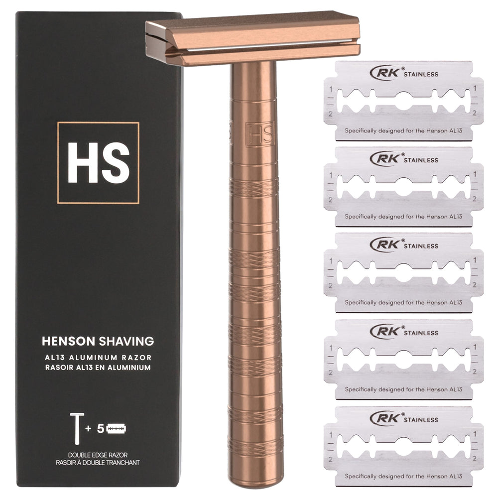 Henson Shaving copper razor with angled 30-degree head for smoother shaving.
