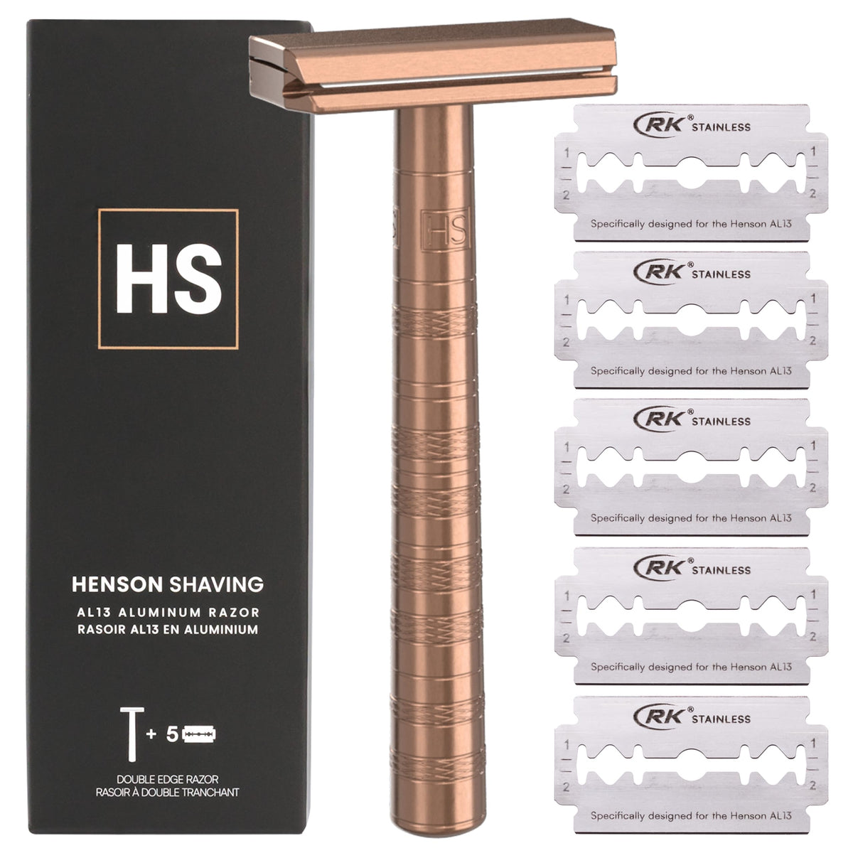 Henson Shaving copper razor with angled 30-degree head for smoother shaving.
