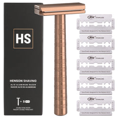 Henson Shaving copper razor with angled 30-degree head for smoother shaving.