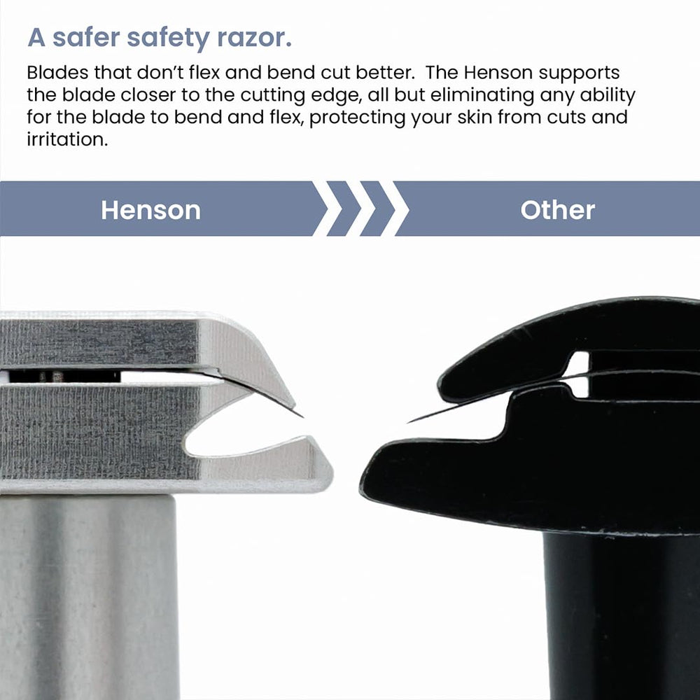 Henson Shaving copper razor head detail highlighting rigidity near blade edge.