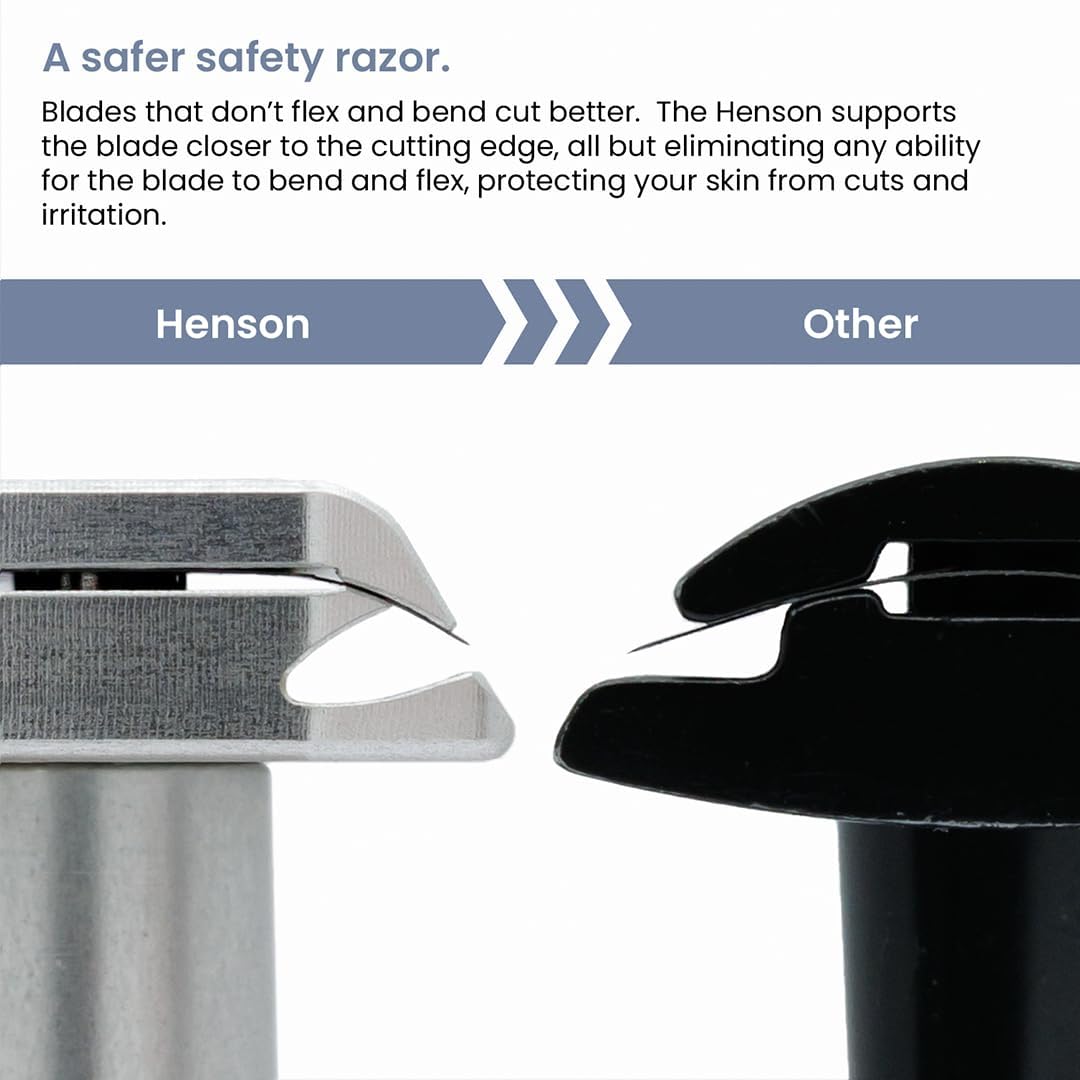 Henson Shaving Jet Black angle close-up edge emphasizes blade rigidity