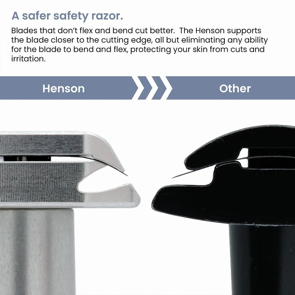 Henson Shaving Jet Black angle close-up edge emphasizes blade rigidity