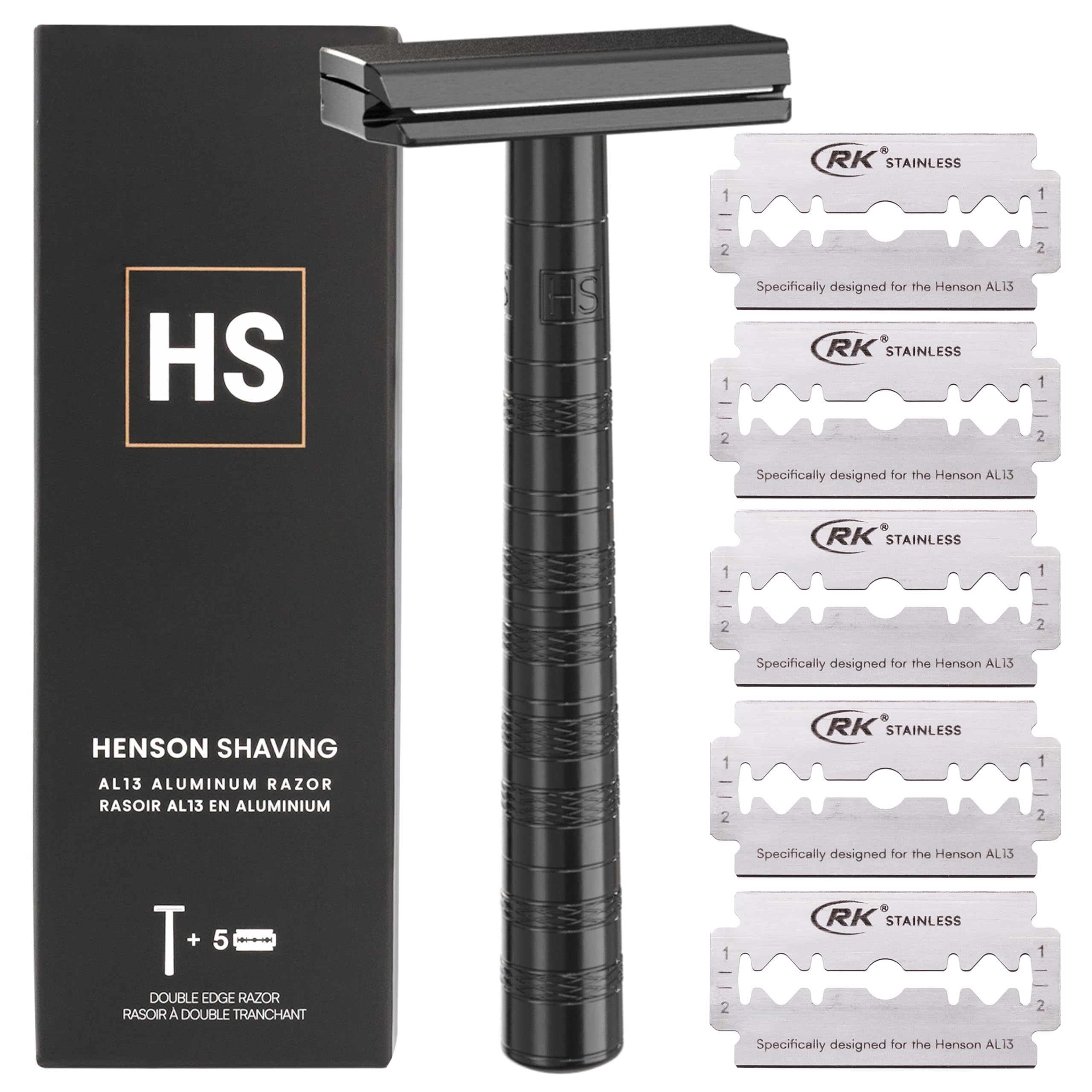 Henson Shaving Jet Black Razor front view highlights 30° blade angle for precise shaving