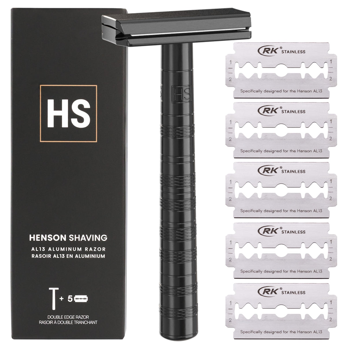 Henson Shaving Jet Black Razor front view highlights 30° blade angle for precise shaving