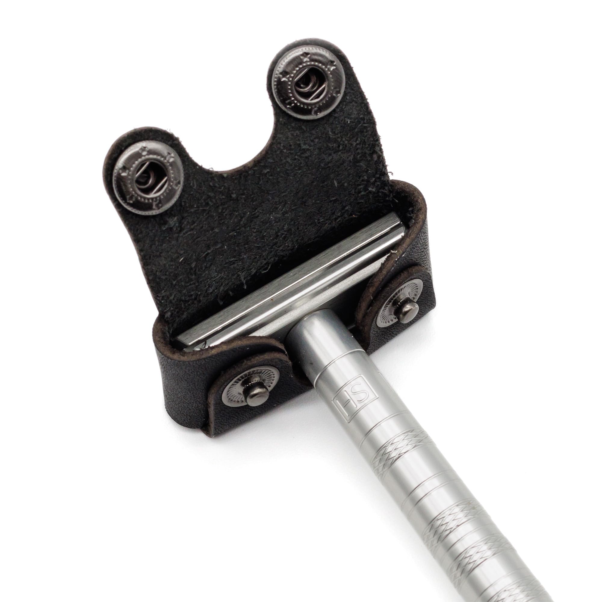 Henson Shaving Razor Leather Head Cover travel-ready view offers portable razor protection for trips.