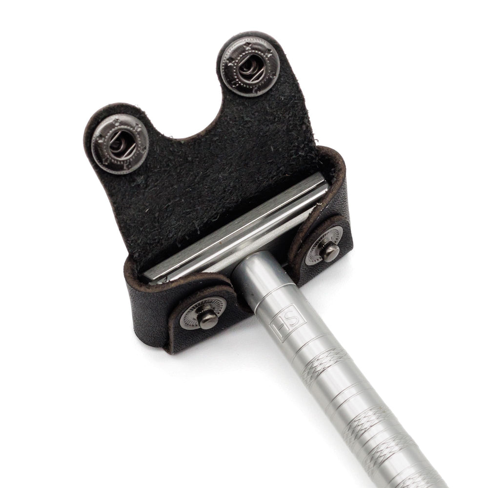 Henson Shaving Razor Leather Head Cover travel-ready view offers portable razor protection for trips.