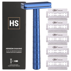 Henson Shaving Razor steel blue angle head shows precise 30° shave for smoother results.