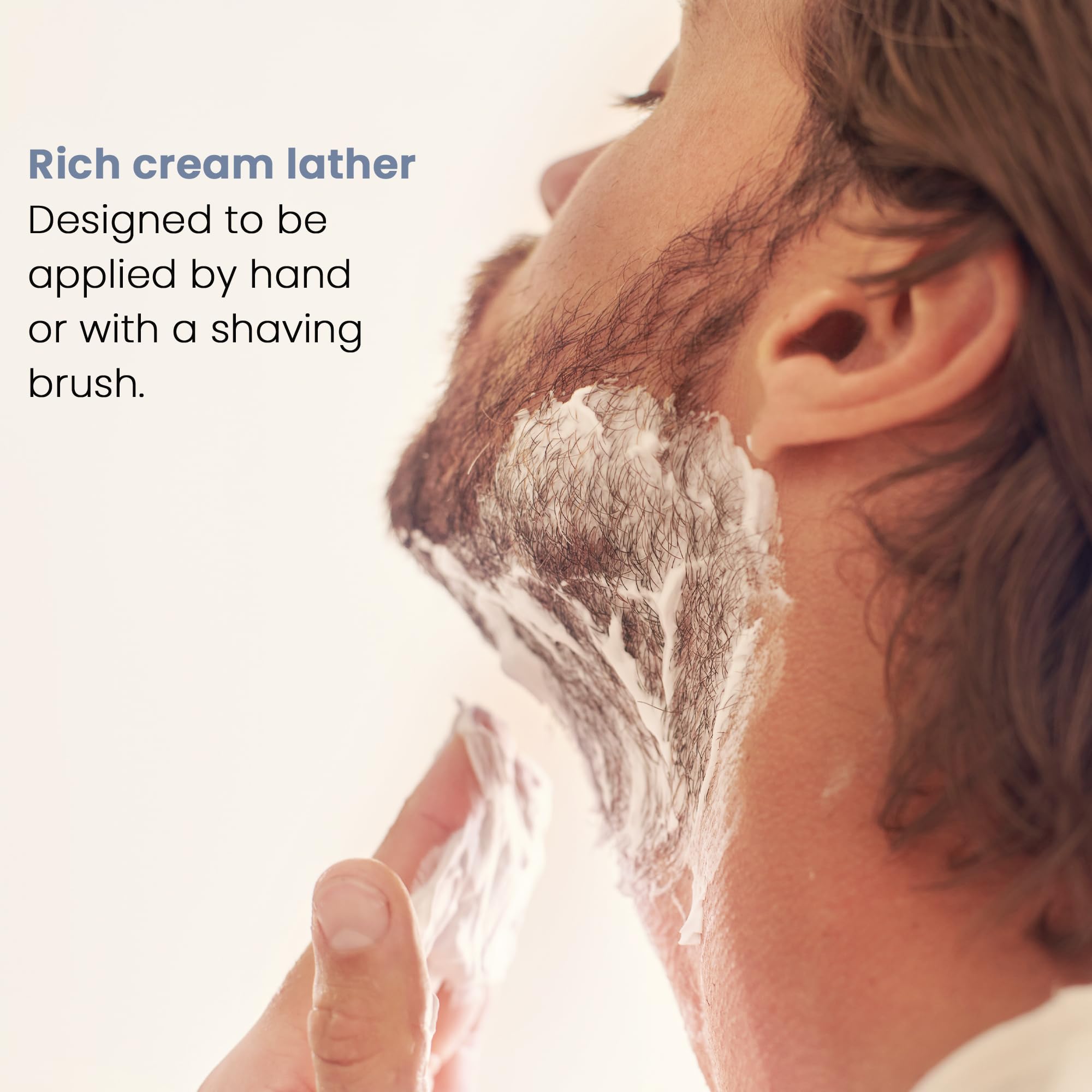 Henson Shaving shave cream application scene demonstrating rich lather for close, comfortable shave