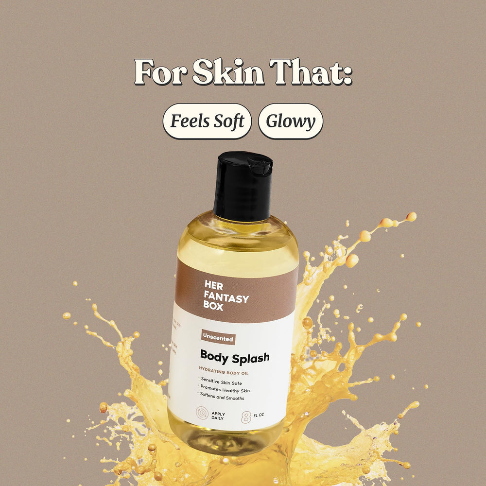 Her Fantasy Box body-splash non-greasy-pour demonstrates quick absorption and a non-sticky finish.