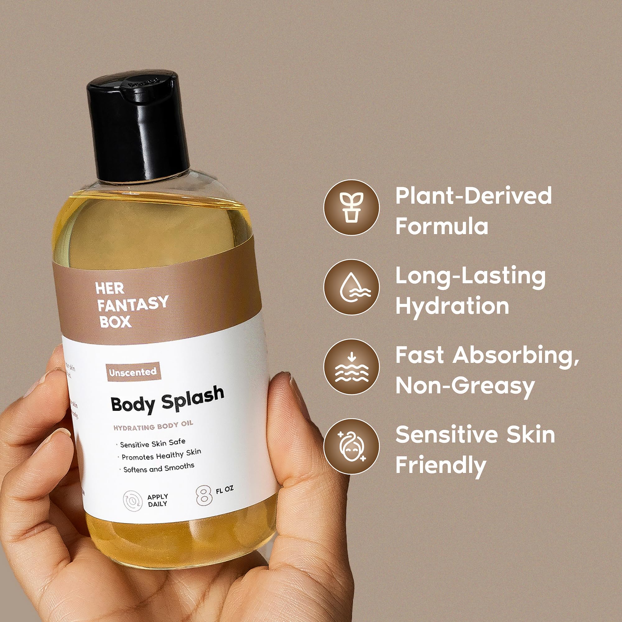Her Fantasy Box body-splash vitamin-e-turmeric close-up emphasizes nourishing care for sensitive skin.