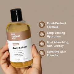 Her Fantasy Box body-splash vitamin-e-turmeric close-up emphasizes nourishing care for sensitive skin.