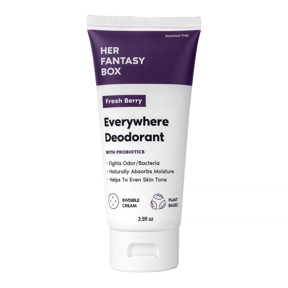 Her Fantasy Box Everywhere Deodorant Berry Scent packaging highlights aluminum-free formula for all-day freshness.