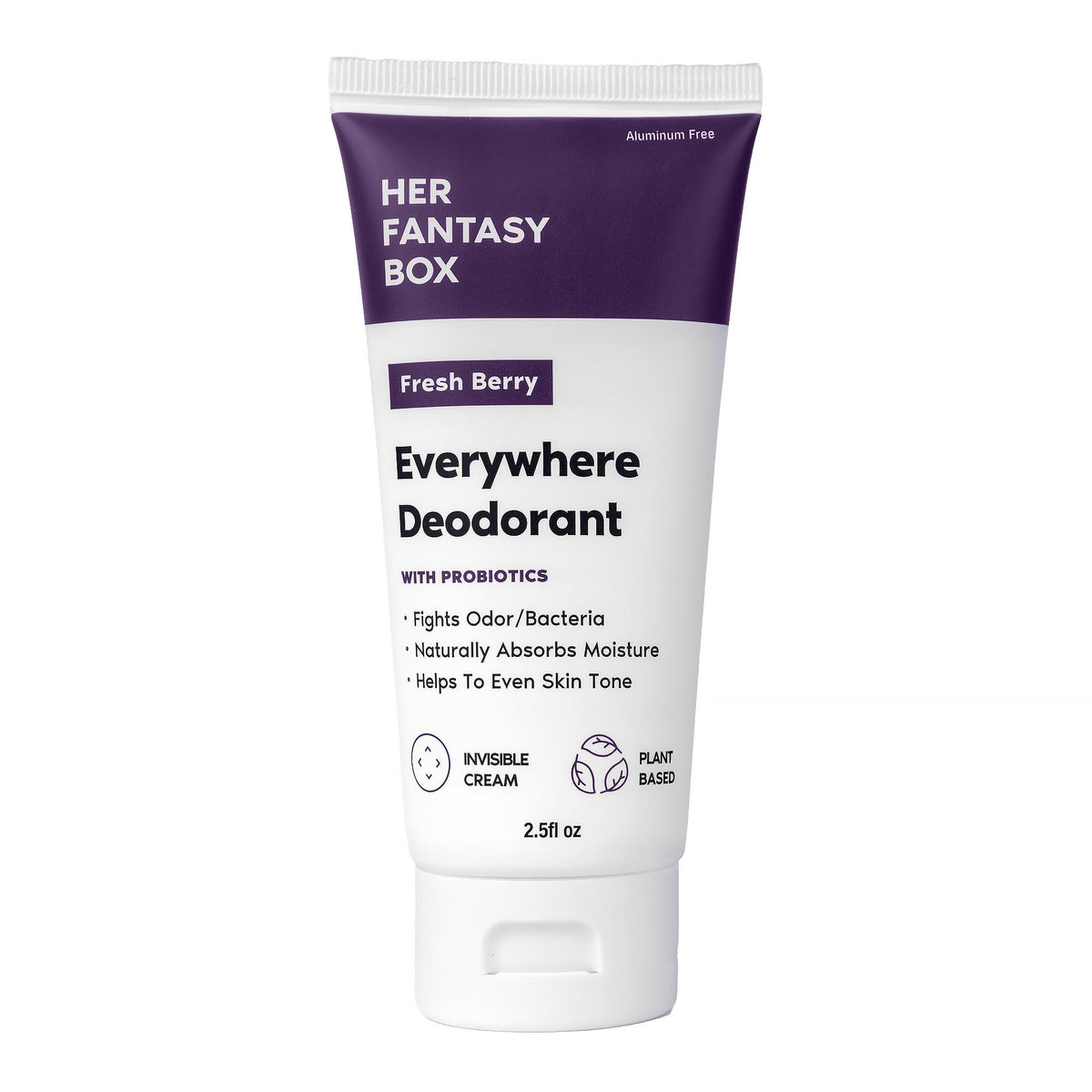 Her Fantasy Box Everywhere Deodorant Berry Scent packaging highlights aluminum-free formula for all-day freshness.