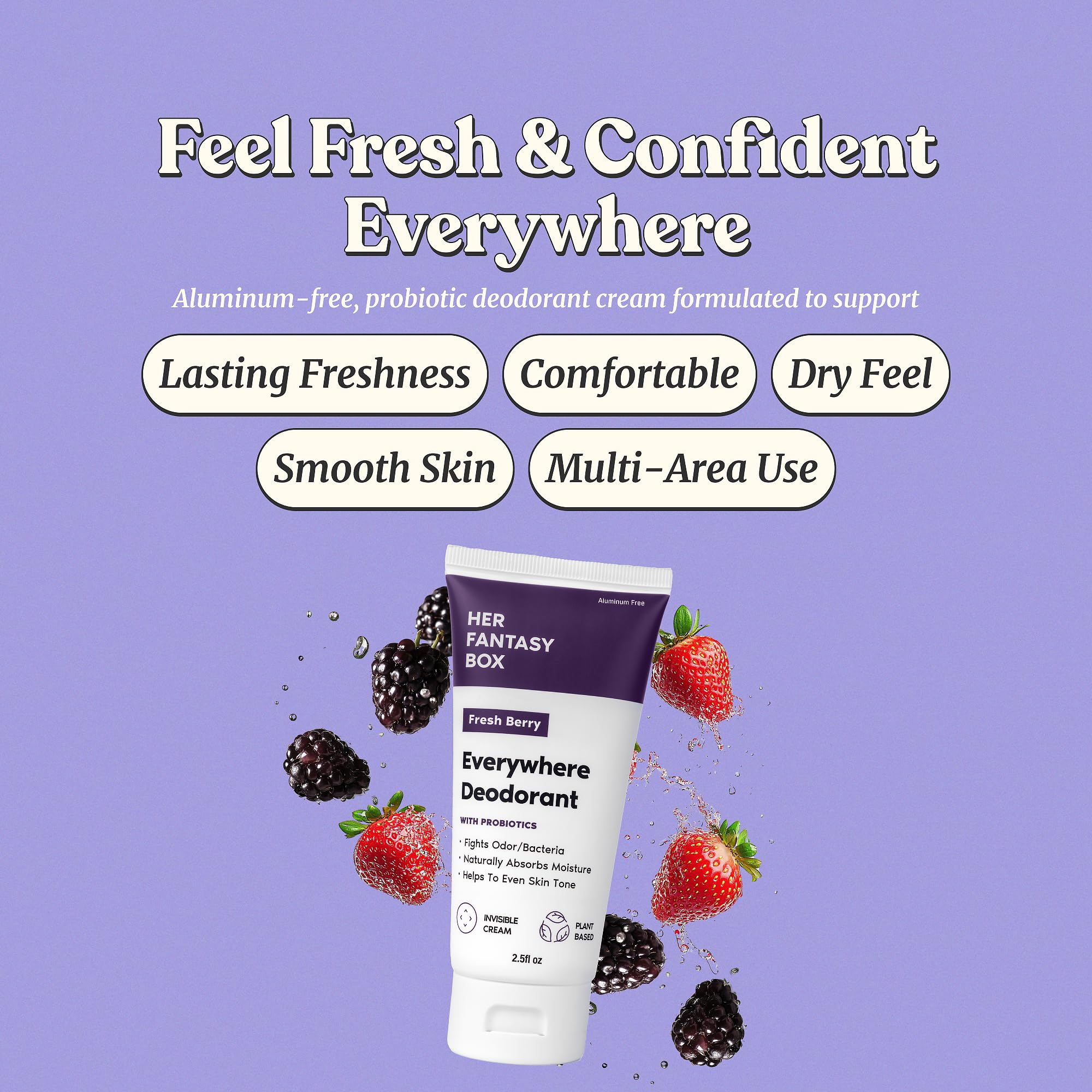 Her Fantasy Box Everywhere Deodorant Berry Scent twist-up demonstrates easy, mess-free use.