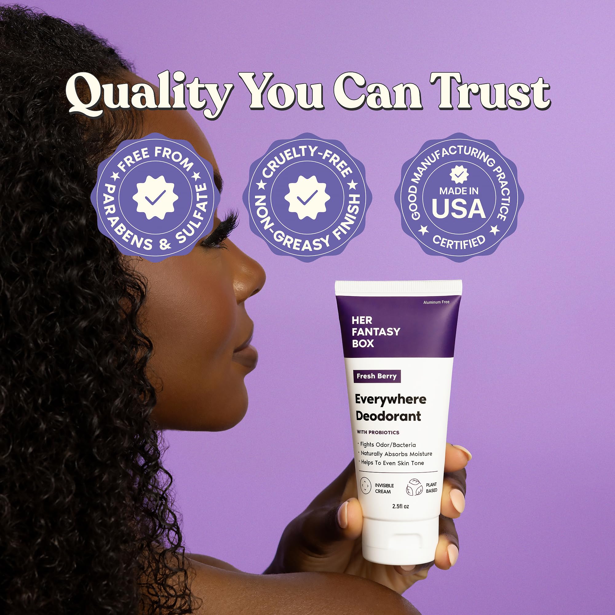 Her Fantasy Box moisture-absorption graphic illustrates natural dryness during wear.