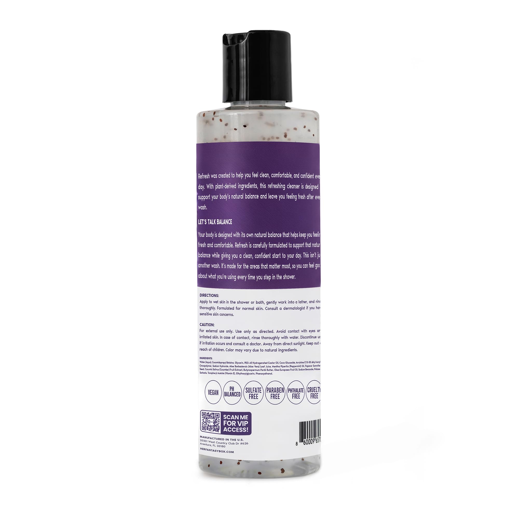 Her Fantasy Box Refresh bottle on bathroom shelf signals a simple daily routine