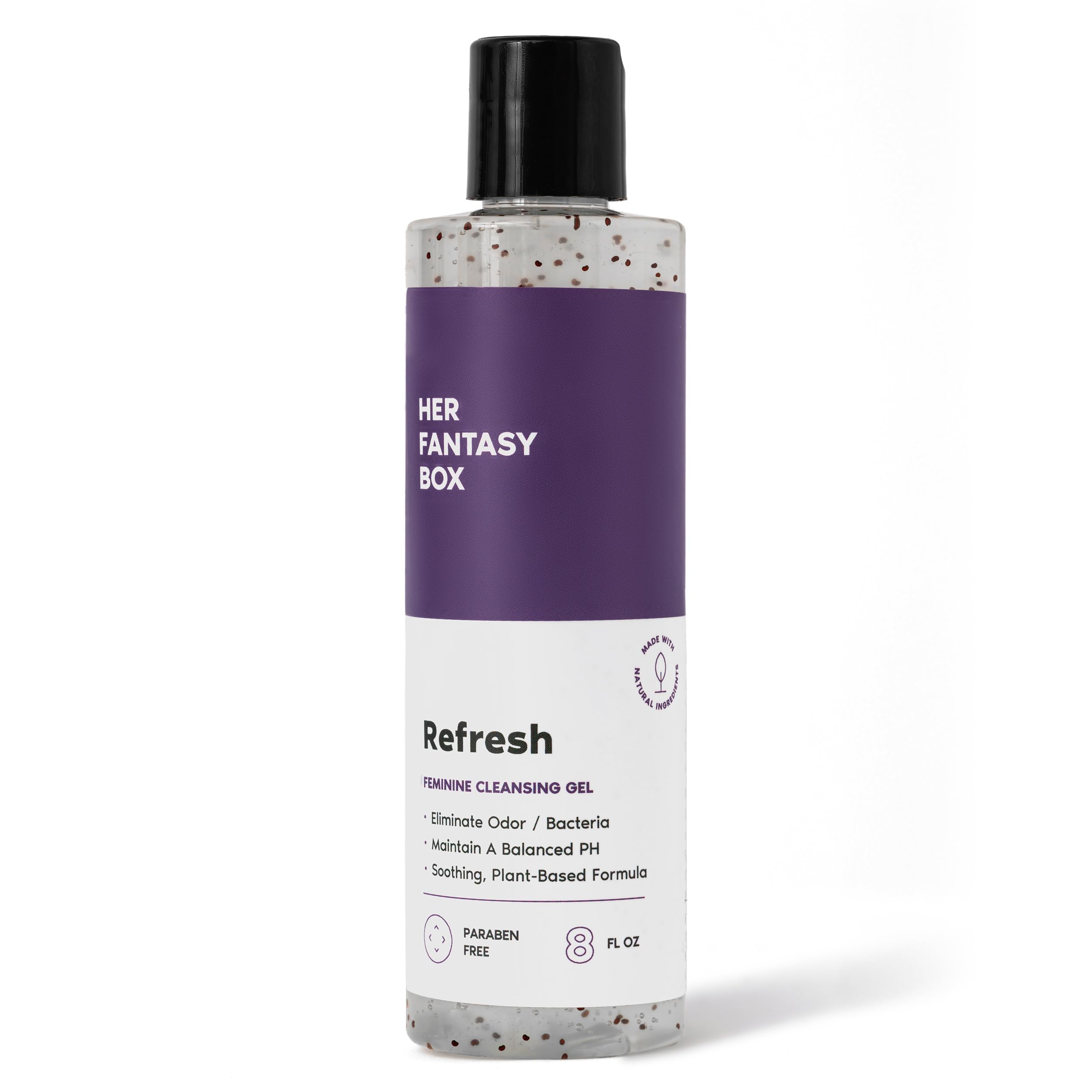 Her Fantasy Box Refresh bottle pour demonstrates gentle cleansing for delicate skin