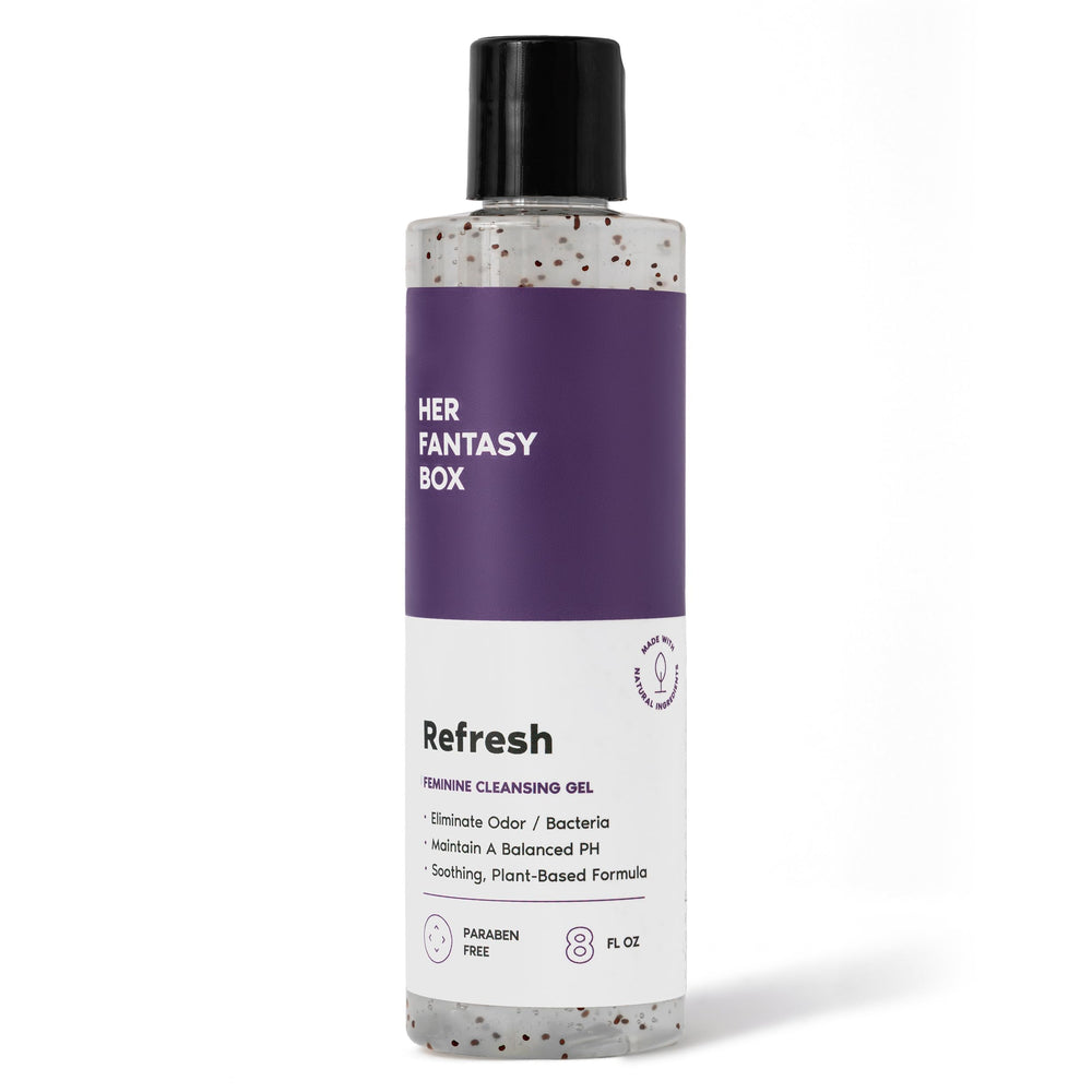 Her Fantasy Box Refresh bottle pour demonstrates gentle cleansing for delicate skin