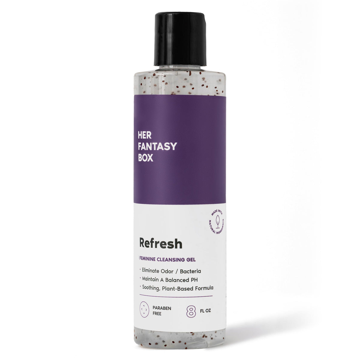 Her Fantasy Box Refresh bottle pour demonstrates gentle cleansing for delicate skin