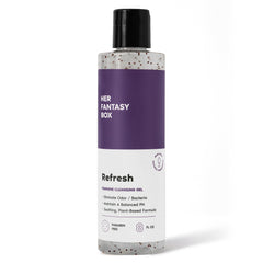 Her Fantasy Box Refresh bottle pour demonstrates gentle cleansing for delicate skin