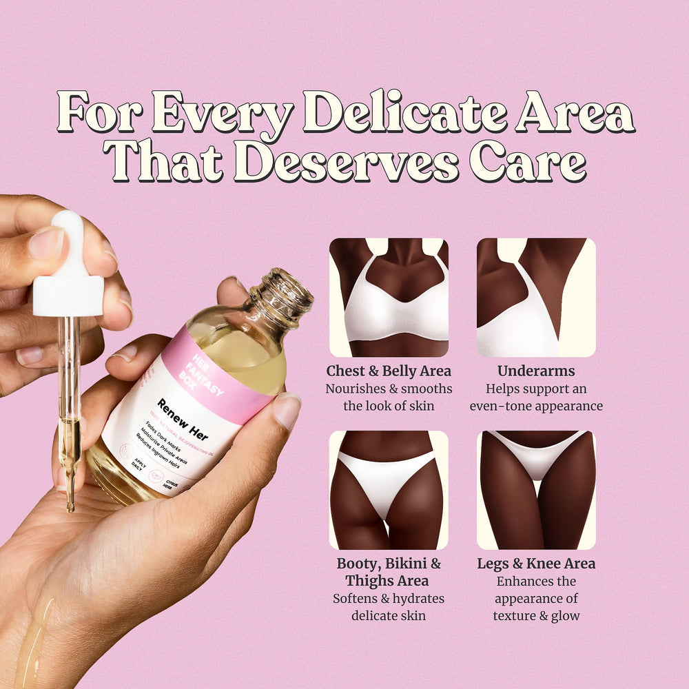 Her Fantasy Box Renew Her oil packaging showcases clean, premium care